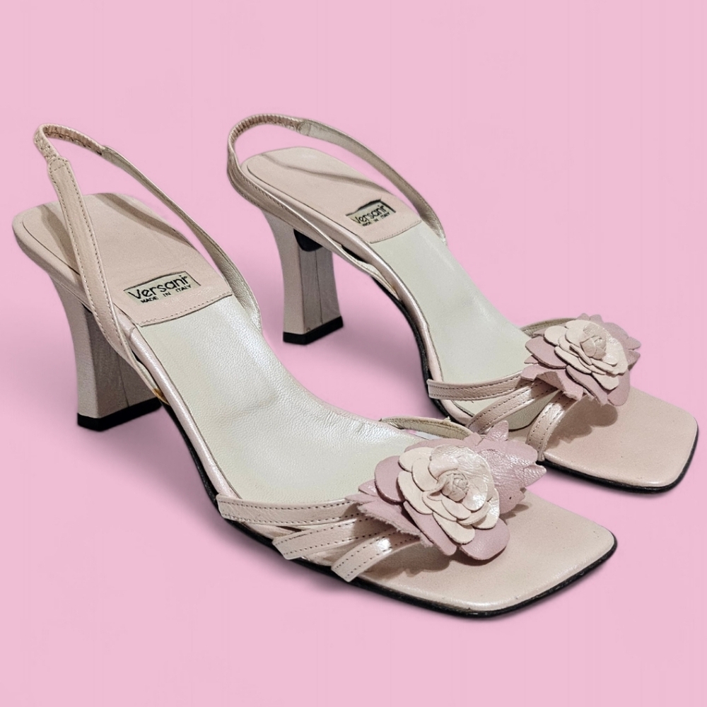 Versani Leather Floral Strappy Slingback Heels – Size 8.5 (Made in Italy)